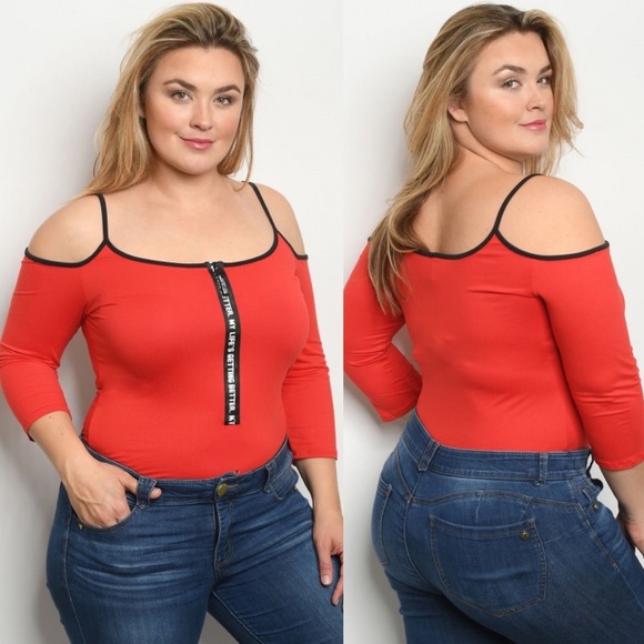 LILIAN NEW Red Plus Size Cold Shoulder Bodysuit - Picture 1 of 3